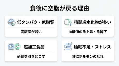 食事後も空腹感が続く理由とは？ダイエット中の会社員が悩みやすい原因を解説