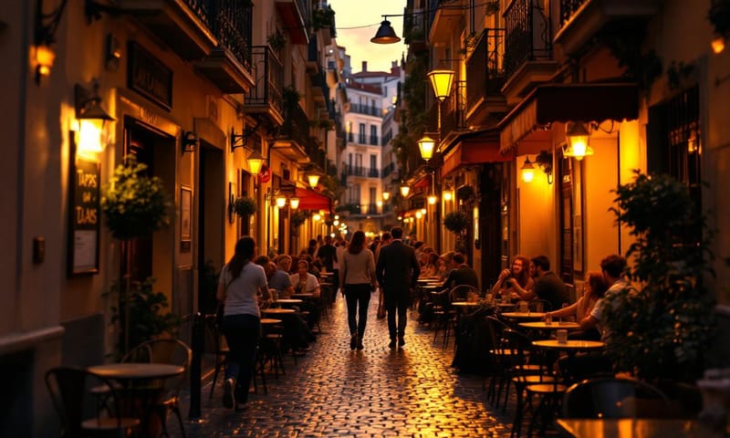 マドリードの夕暮れ、活気あふれるカバ・バハ通り