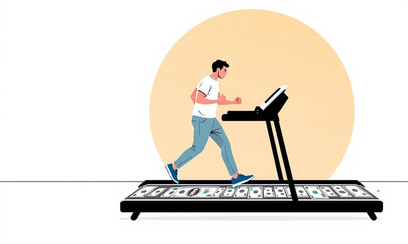 お金のランニングマシン上で疲弊する人のイメージ