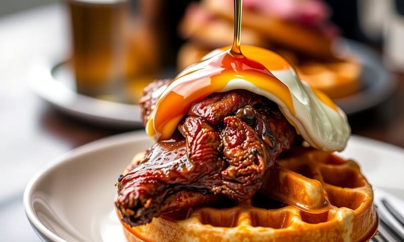 これが名物のダック＆ワッフル。甘いとしょっぱいのコンボが想像以上に合う。