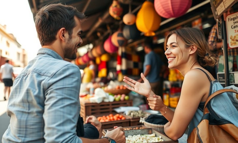 現地の市場で、言葉の代わりにジェスチャーで交流する様子
