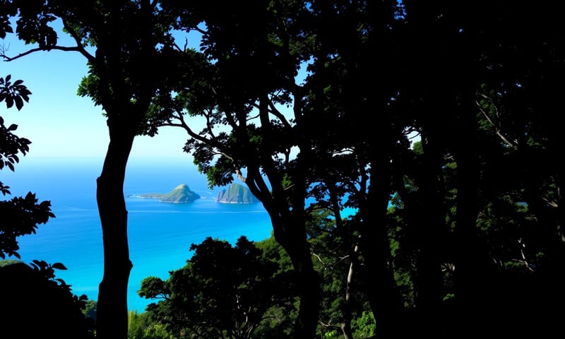 フクギの隙間から見える伊江島