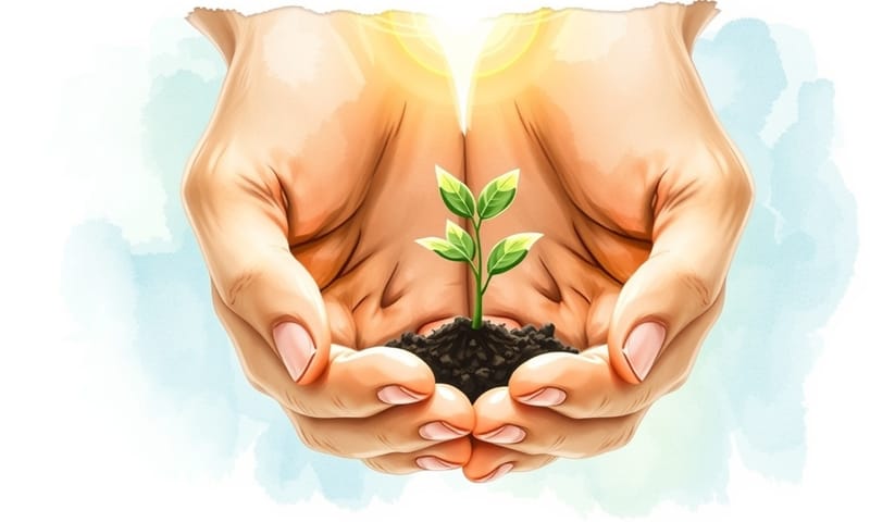 人の可能性を象徴する、二つの手に優しく包まれた小さな苗木
