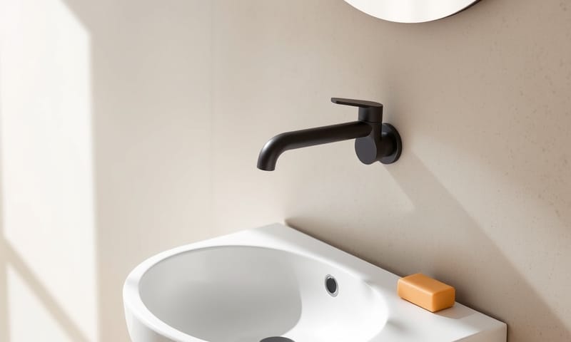 静かな佇まいの洗面所と壁付け水栓