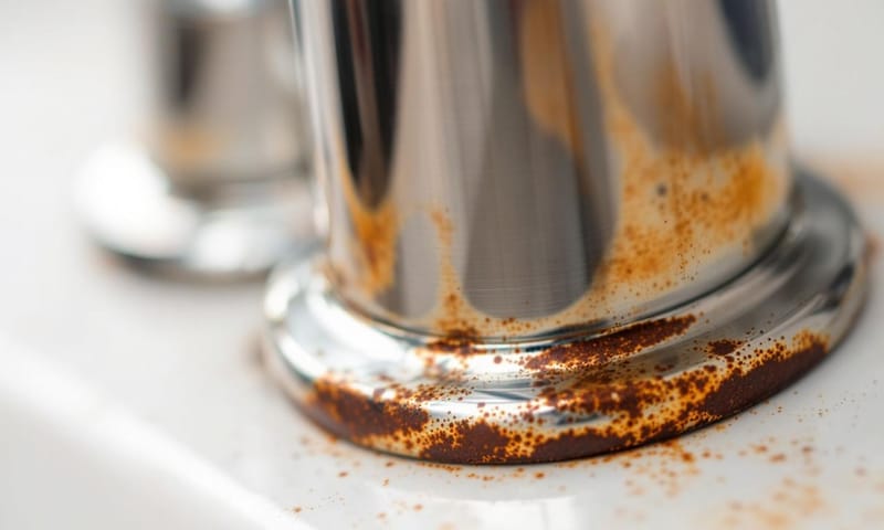 水栓の根元に発生した「もらいサビ」のクローズアップ