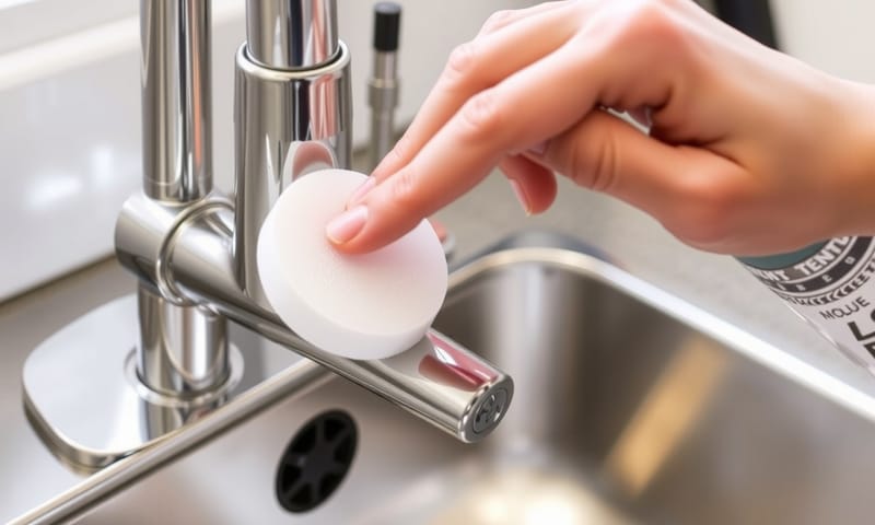 ピカピカの水栓に保護コーティング剤を塗布している様子