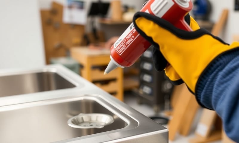 シンクのフチに接着剤を慎重に塗布する様子