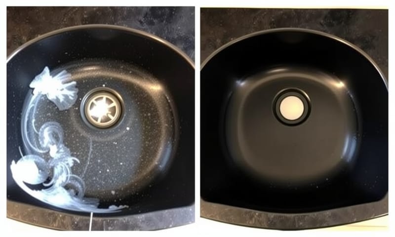 手入れ前と後のグラナイトシンクの比較