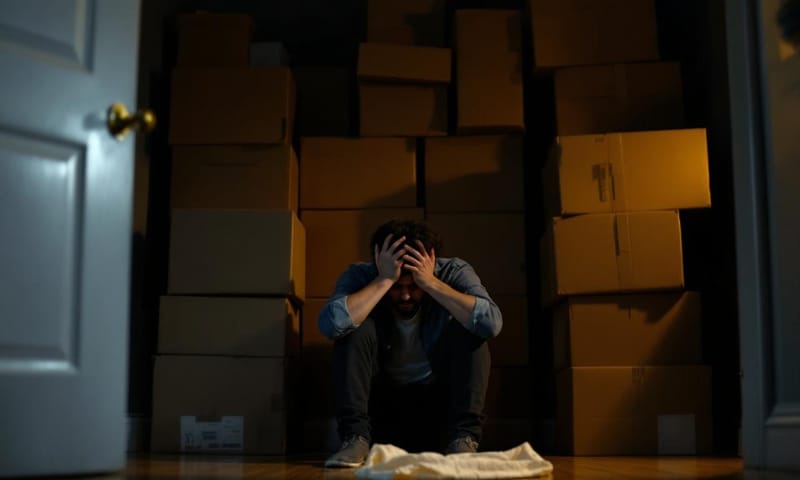 引越し当日の夜、途方に暮れる様子