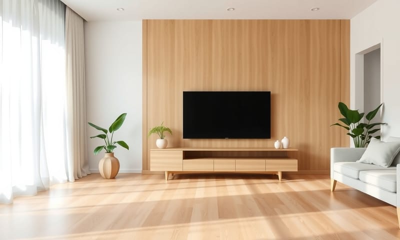 タスマニアンオークを使った明るいリビング。すっきりした印象になる。