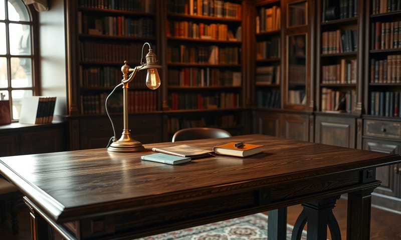 アメリカンオークの重厚な書斎デスク。時間が経つほど味が出そう。