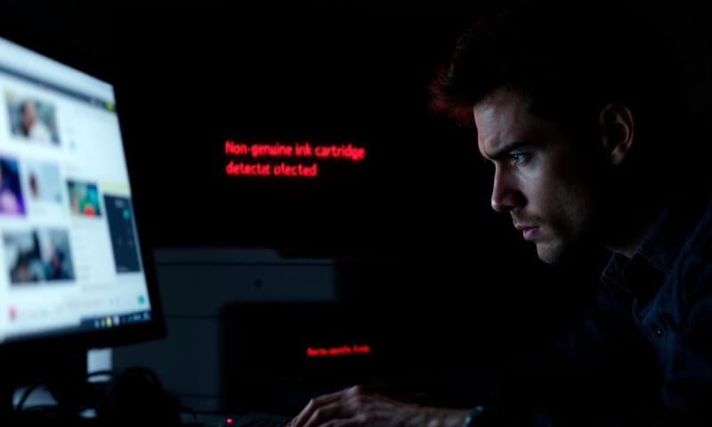 プリンターのエラー表示に静かに苛立つ様子