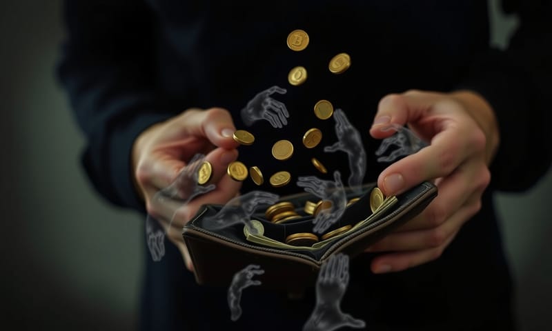 たくさんの小さな手がお財布からコインを抜き取っていくイメージ