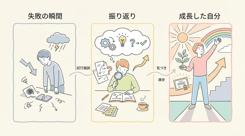 「失敗→振り返り→ちょっと強くなる」の3コマ漫画みたいなイメージ。