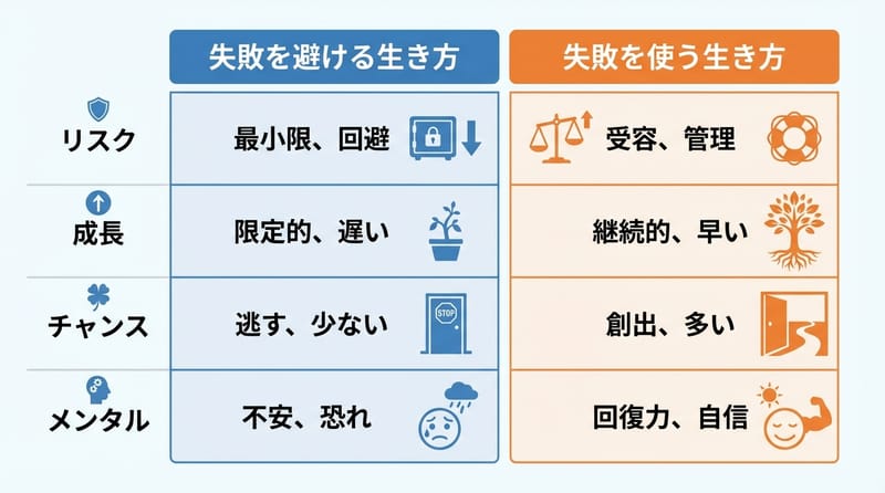 「失敗を避ける」と「失敗を使う」、ざっくり比べるとこんな感じ。