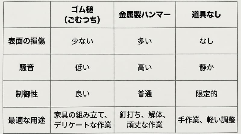 比較：同じ「叩く」「押さえる」でも、工具を間違えると仕上がりが荒れる