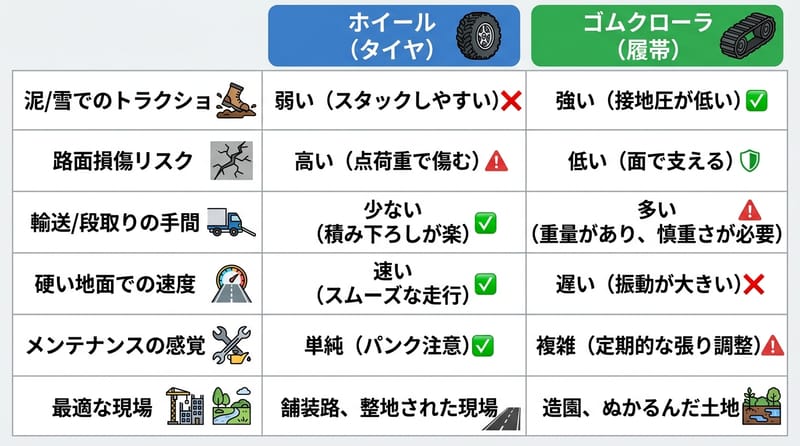 Type 4: ホイールとクローラの現場向き比較