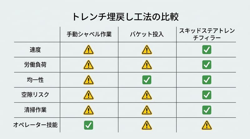 Type 4: 手作業・バケット埋め戻し・トレンチフィラーの比較