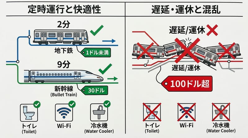 核心機制（公共交通の運用感：遅延、価格、設備）