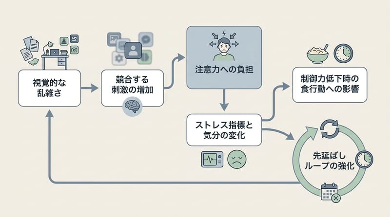 散らかりが「疲れ」に見えるまでの全体像（概念図）