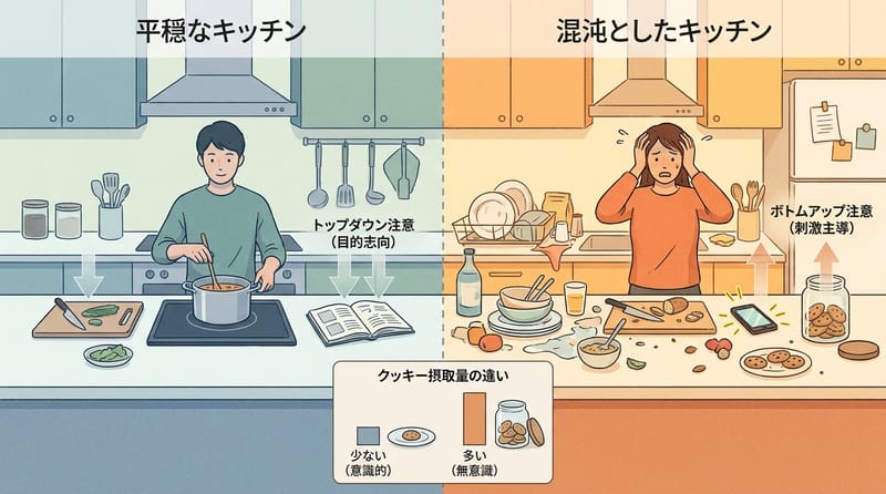 注意の競合（top-down / bottom-up）と行動の変化の関係（イメージ）