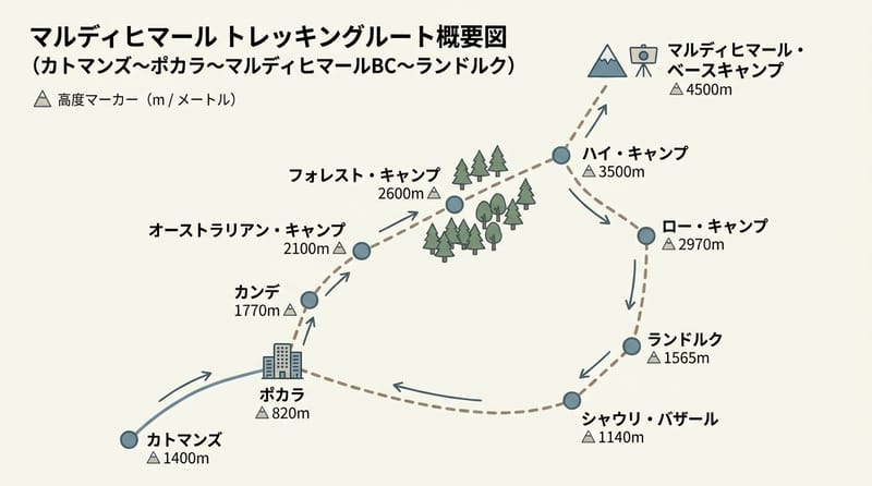 概念総覽（ルートの流れと標高のざっくりイメージ）