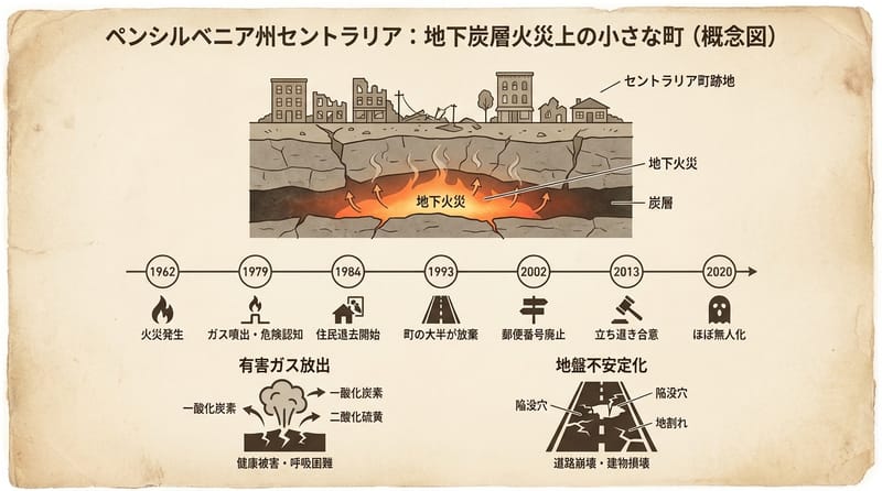 概念総覧：Centraliaの地下火災と町の変化